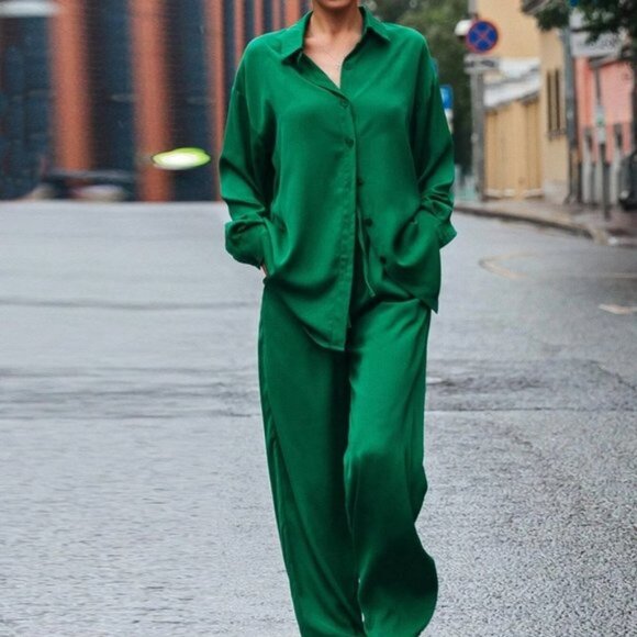 womens satin button down shirt and pant set chic classy trending green - Picture 1 of 5